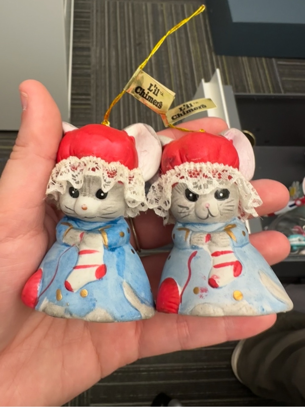 Vintage Lil' Chimeas Vintage Mouse Pair Ornaments - Red, Blue, White